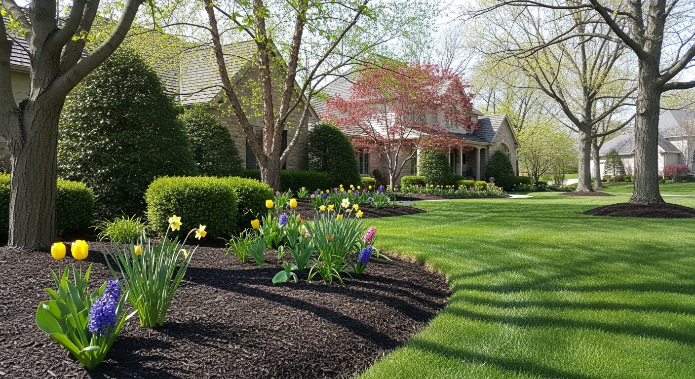 Spring landscape refresh with fresh mulch and edged beds